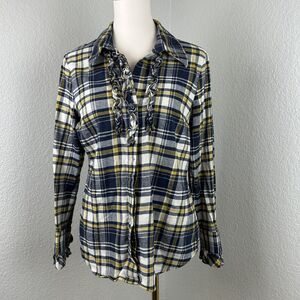 CAbi Women's Seattle Plaid Ruffle Shirt Blue Yellow Cotton Style 4233 Size Small
